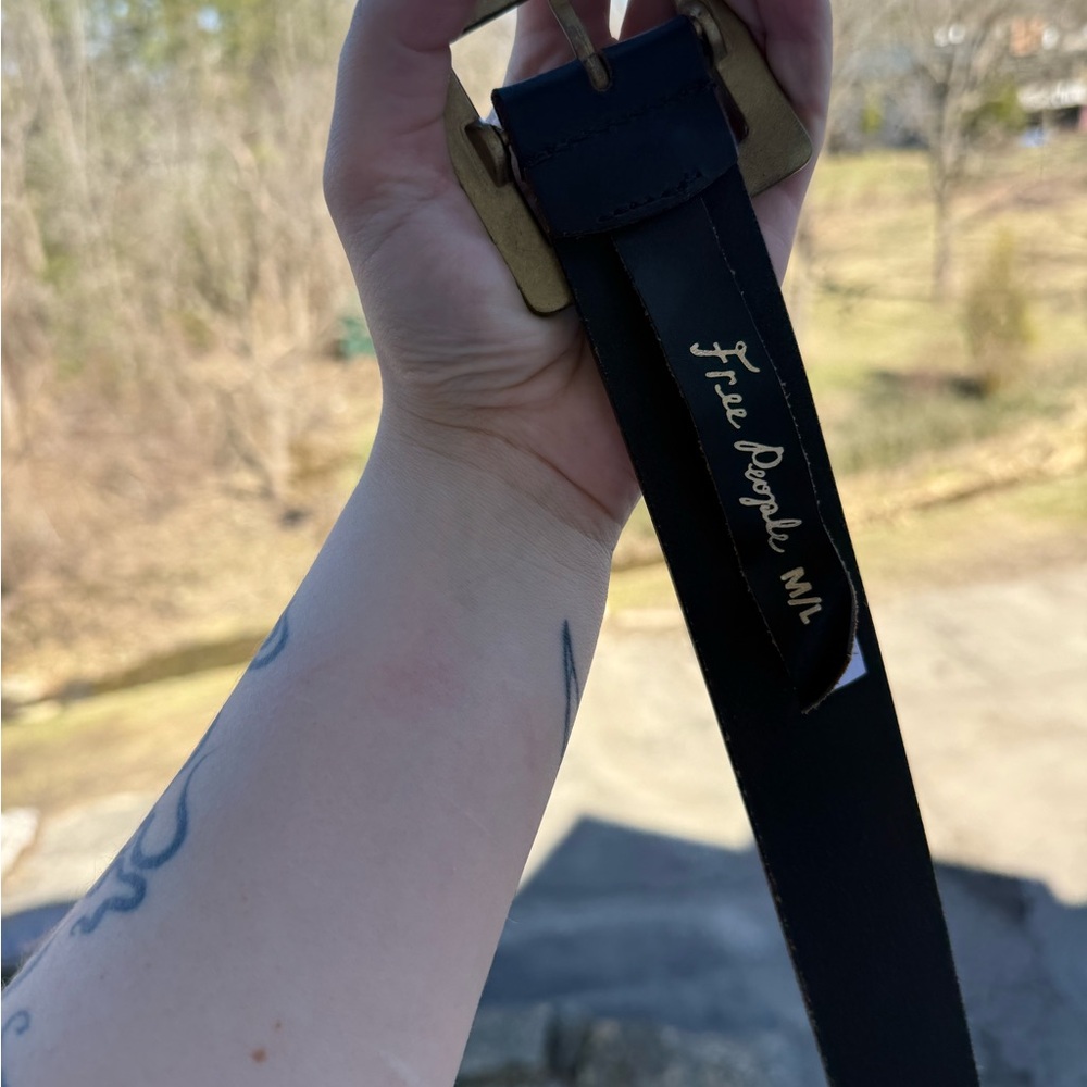 Classic Black Leather Belt with Gold Buckle - Free People